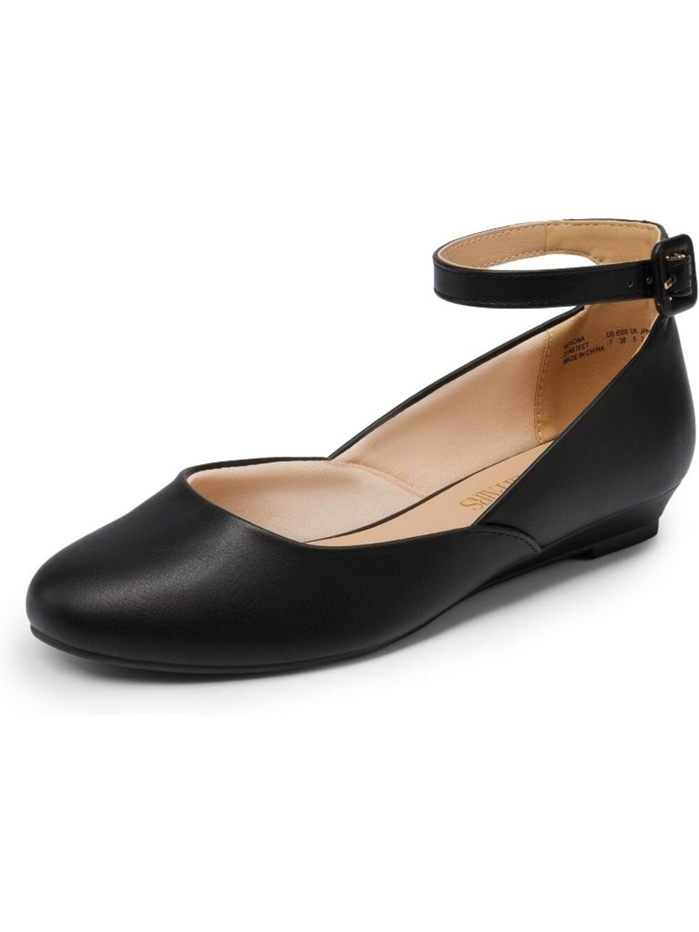 Women's Black PU Ankle Strap Ballet Flat Low Wedge Round Toe Comfortable Shoes - Picture 1 of 6